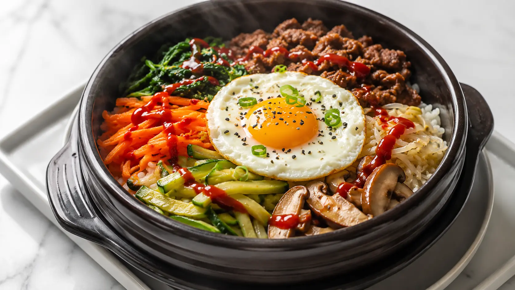 Korean bibimbap recipe in stone bowl with colorful vegetables, fried egg, beef, and gochujang sauce