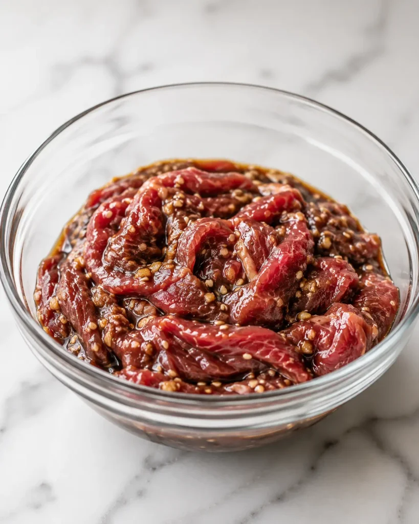 Thinly sliced beef marinated in soy sauce and garlic for Korean beef bibimbap