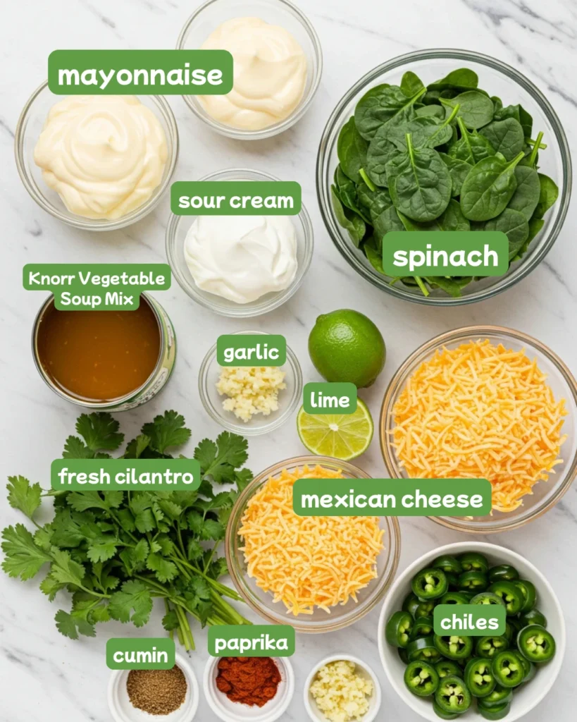 Ingredients layout for the best knorr spinach dip recipe ever