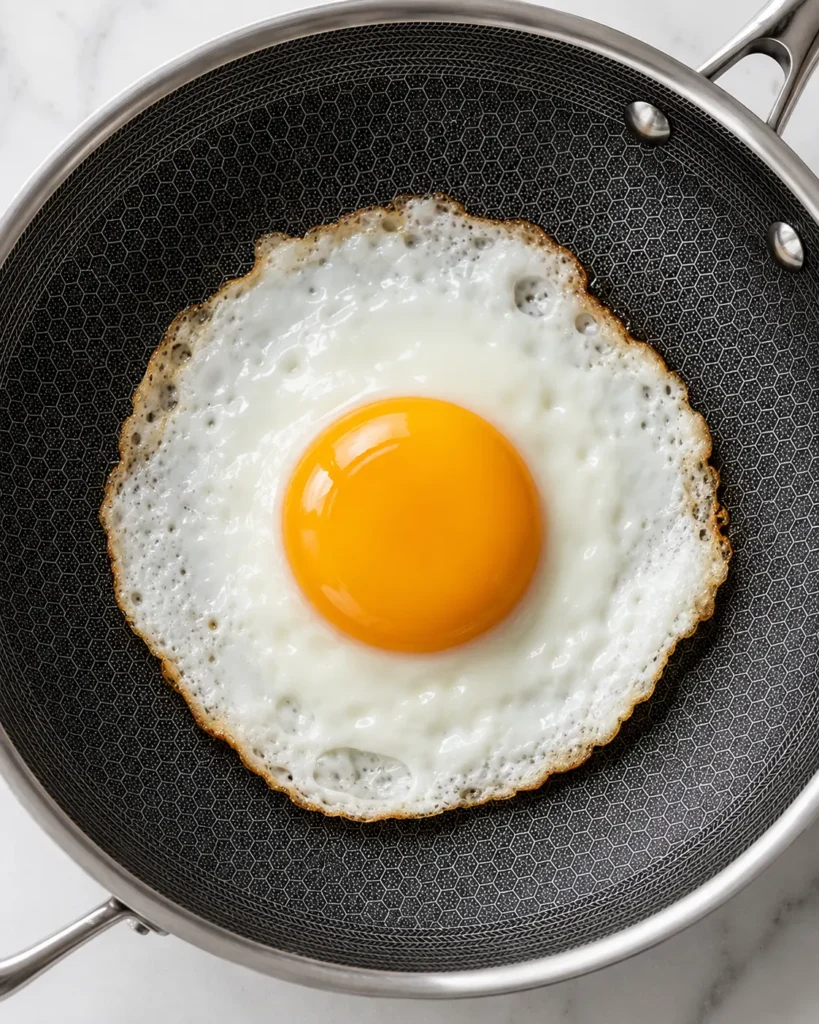 Perfectly fried sunny-side-up egg with runny yolk in cast iron skillet for bibimbap topping