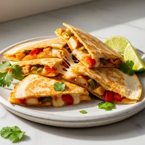 Sliced chicken fajita quesadilla wedges on white plate with stretchy melted cheese, garnished with cilantro and lime wedges