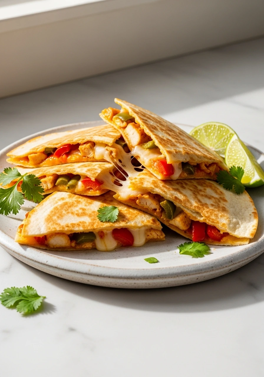Sliced chicken fajita quesadilla wedges on white plate with stretchy melted cheese, garnished with cilantro and lime wedges