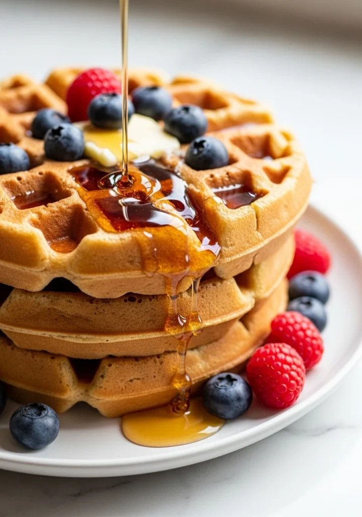Gluten free waffle breakfast spread with toppings including fresh berries, maple syrup, whipped cream and sliced bananas