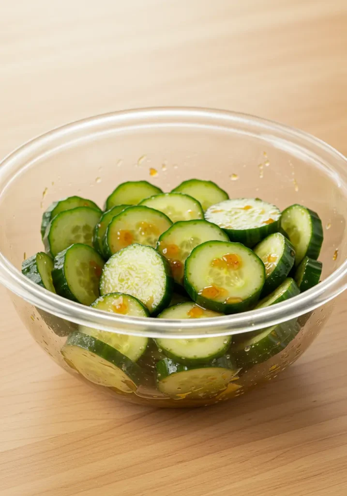 Tangy Thai dressing being poured over sliced cucumbers in mixing bowl, step-by-step recipe photo