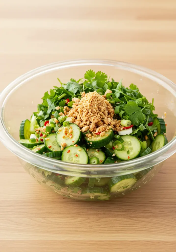 Thai cucumber salad with fresh toppings including roasted peanuts, cilantro, green onions and red chilies