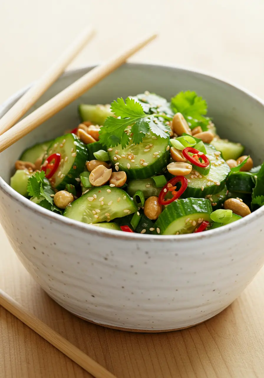 Global Recipes : Finished Thai cucumber salad in white serving bowl with peanuts, herbs and sesame seeds, ready to serve