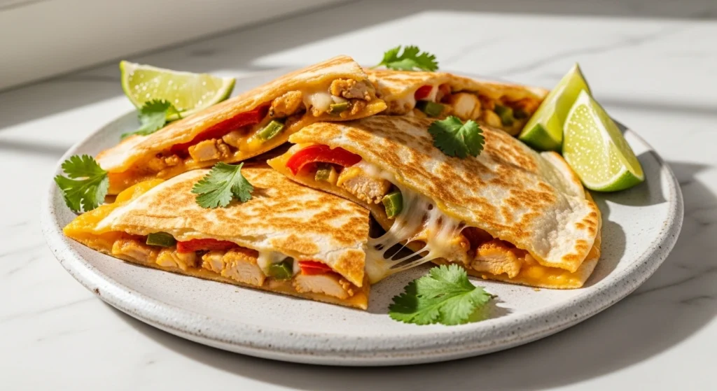 Golden-brown chicken fajita quesadilla cut into triangles with melted cheese stretching between pieces, colorful bell peppers visible inside, served on white plate