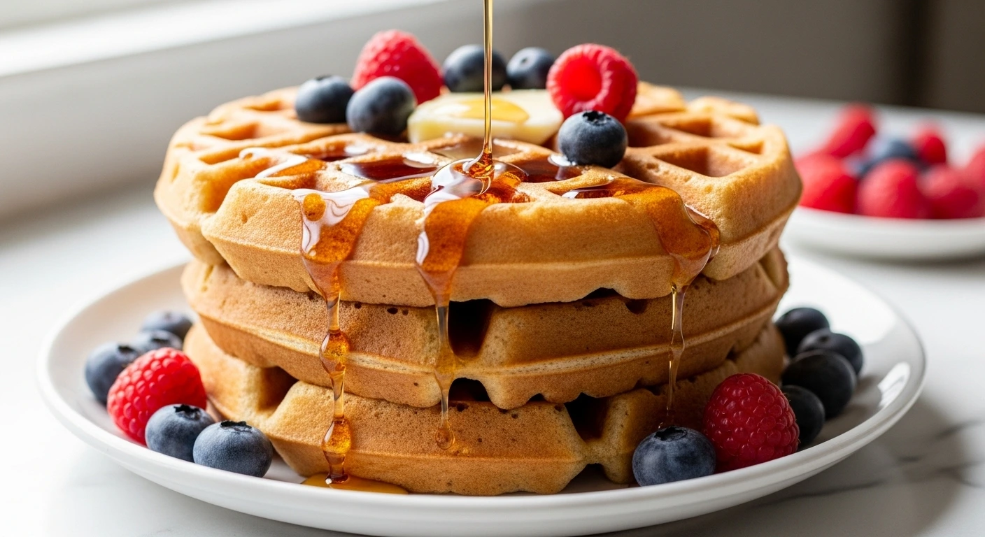 Golden gluten free waffles stacked on white plate with maple syrup dripping down sides and fresh berries on top