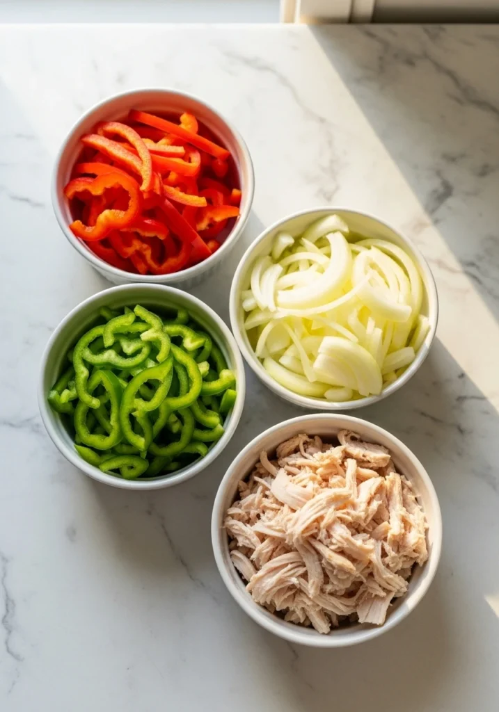 Bowls of prepped ingredients for chicken fajita quesadilla including sliced bell peppers, onions, and diced cooked chicken