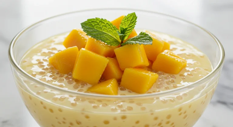Mango sago recipe dessert in glass bowl showing creamy coconut-mango mixture with translucent tapioca pearls and fresh mango topping
