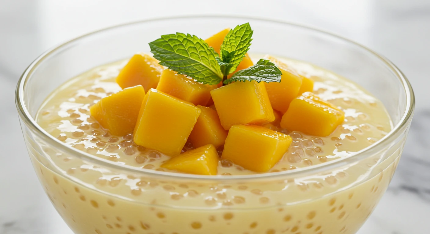 Mango sago recipe dessert in glass bowl showing creamy coconut-mango mixture with translucent tapioca pearls and fresh mango topping