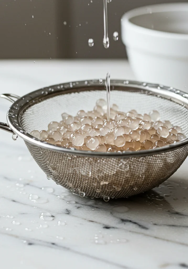 Rinsing cooked sago tapioca pearls in fine mesh strainer with water draining
