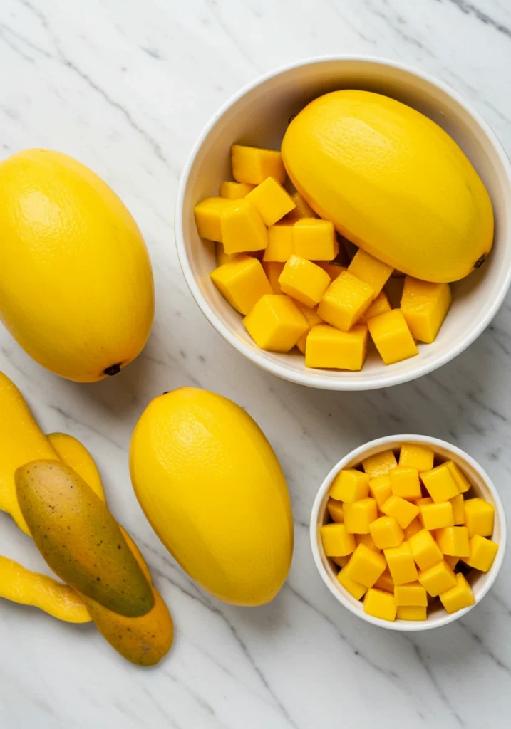 Peeled and diced fresh mangoes in bowls prepared for mango sago recipe