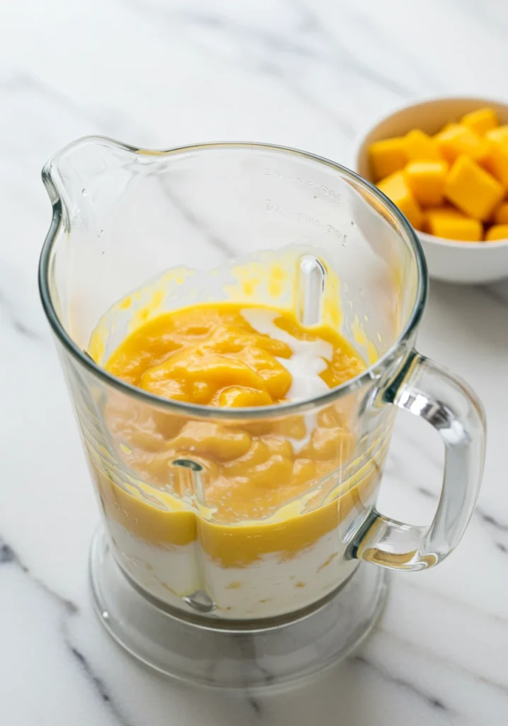 Mango and coconut milk blended together in glass blender for mango sago