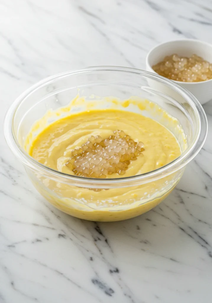 Combining cooked sago pearls with mango coconut mixture in glass bowl