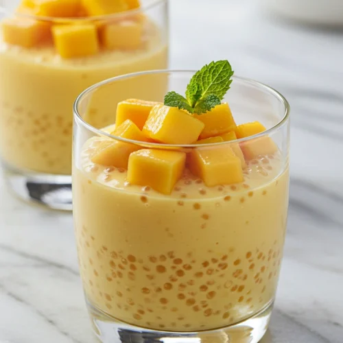 Restaurant-style mango sago dessert in clear glass with coconut milk, tapioca pearls, fresh mango chunks, and mint garnish