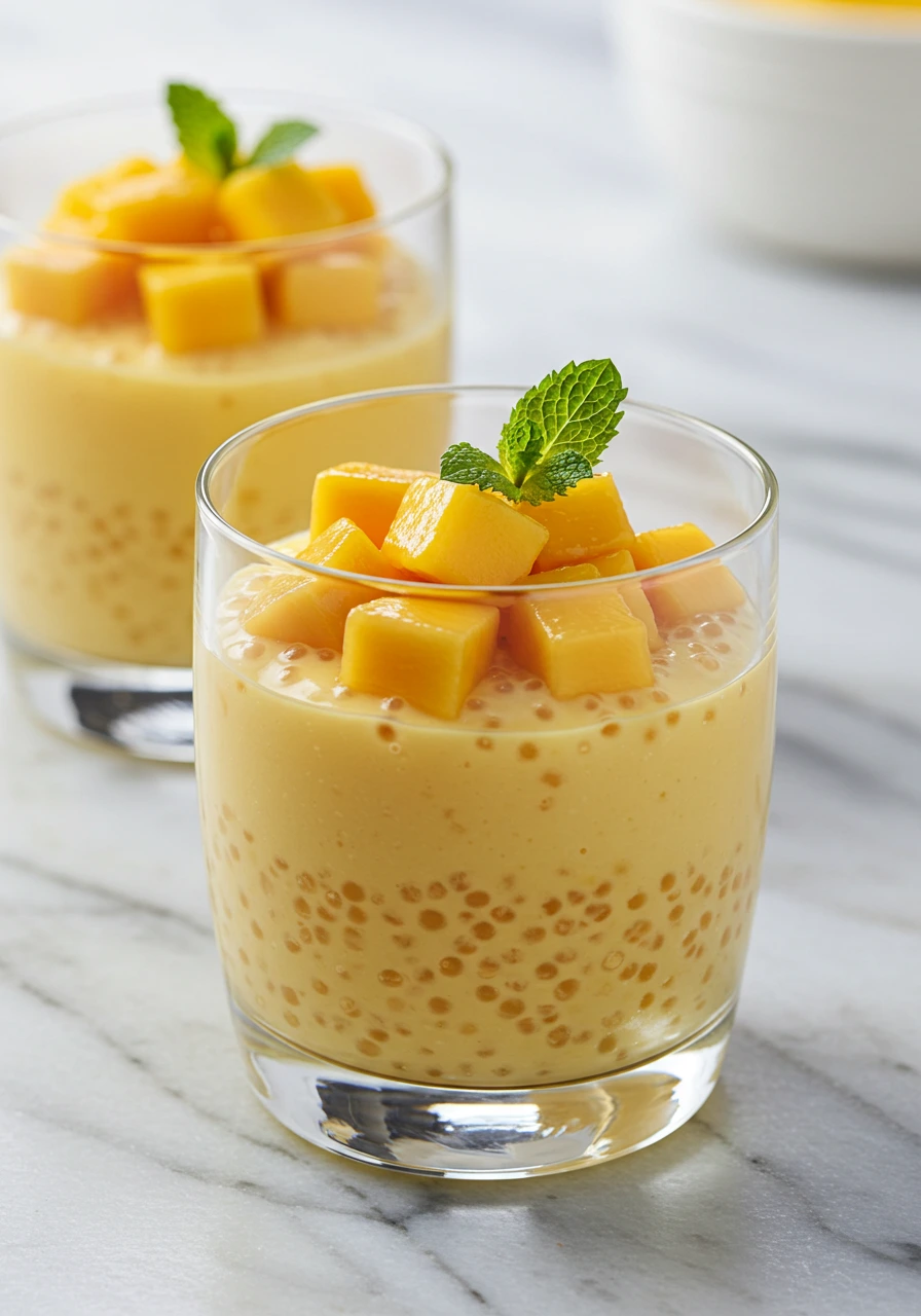 Restaurant-style mango sago dessert in clear glass with coconut milk, tapioca pearls, fresh mango chunks, and mint garnish