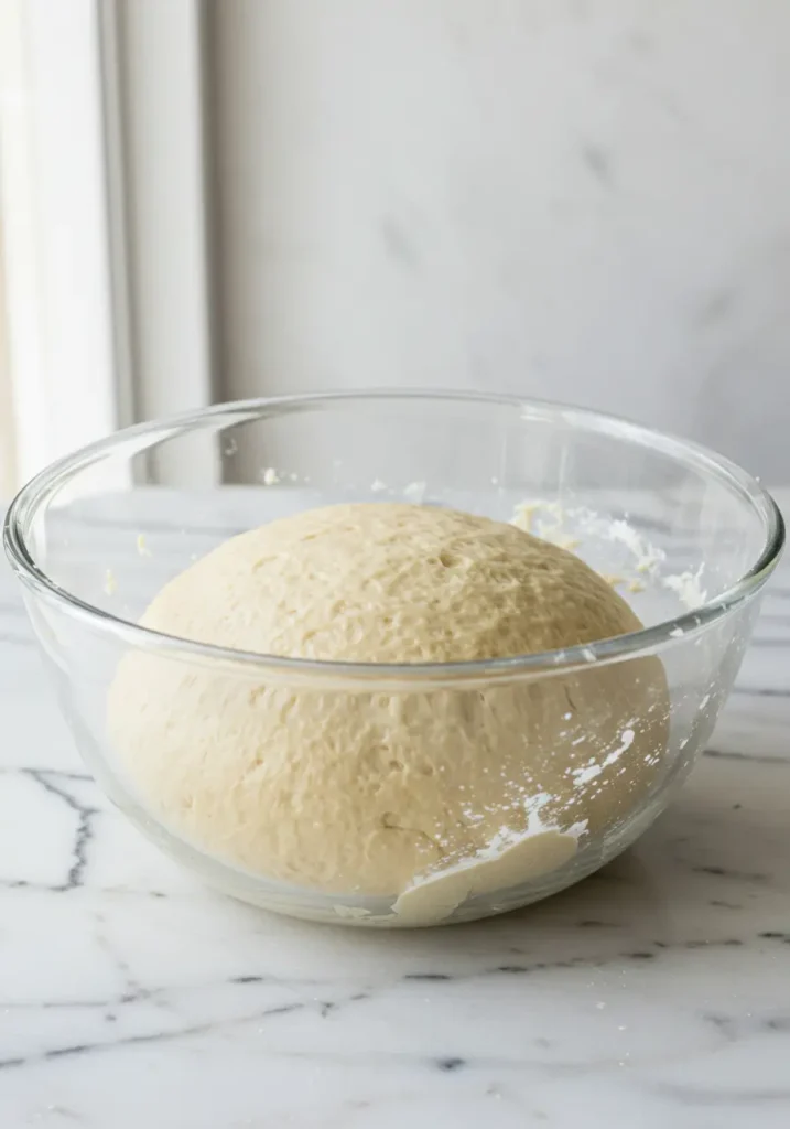 Smooth elastic gipfeli dough ball in glass mixing bowl ready for first rise in Swiss croissant recipe