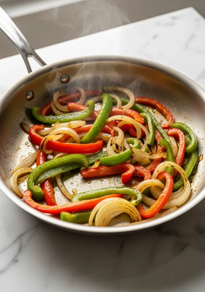 Colorful red and green bell peppers and onions sautéed in skillet with caramelized edges for chicken fajita quesadilla filling