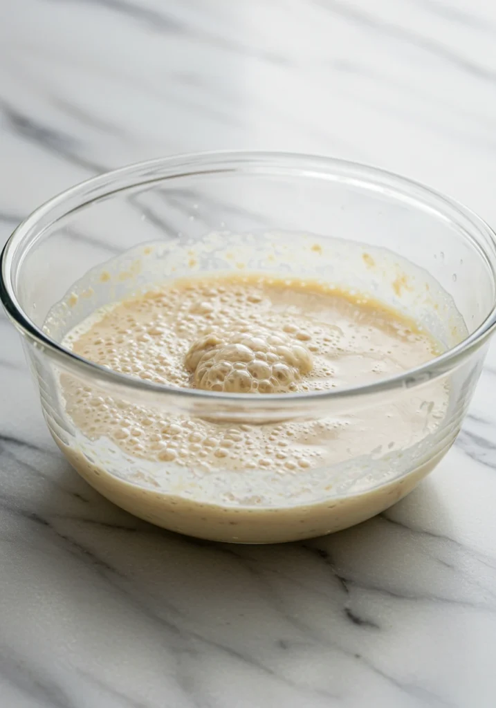 Activated yeast mixture with foam bubbles in glass bowl for pumpkin bagel dough