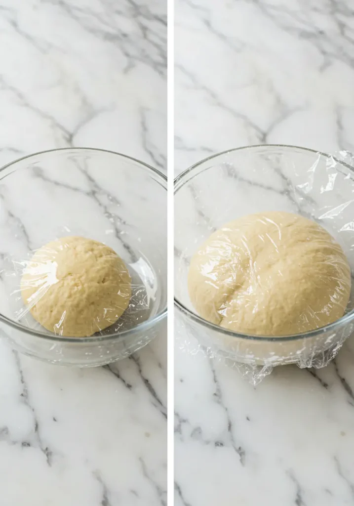 Before and after comparison of gipfeli dough rising showing doubled size for perfect Swiss croissant texture