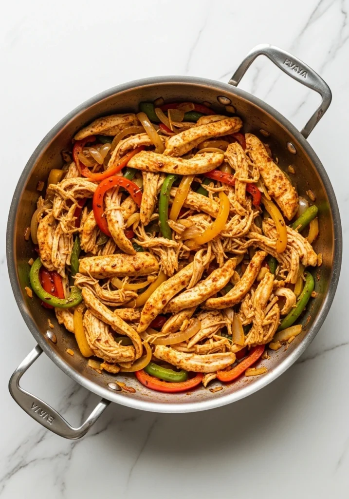 Seasoned chicken mixed with sautéed bell peppers and onions in skillet, coated in chili powder and cumin for fajita quesadilla filling