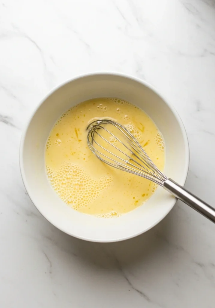 Bowl of whisked wet ingredients including eggs, milk, melted coconut oil and vanilla for gluten free waffle batter