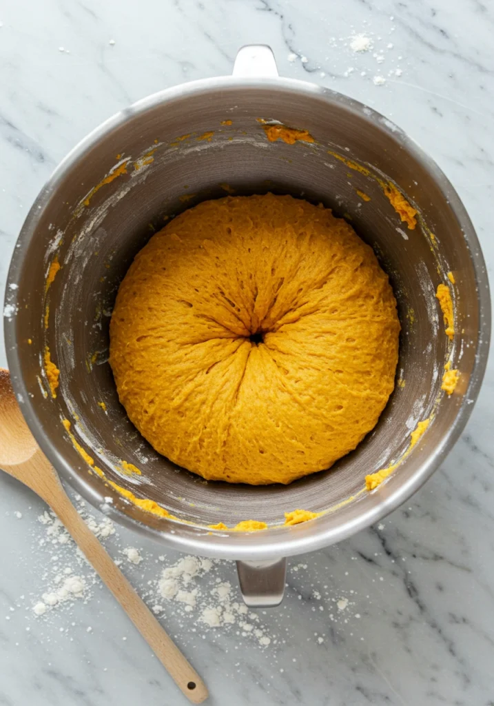 Smooth ball of kneaded pumpkin bagel dough with elastic texture on floured surface
