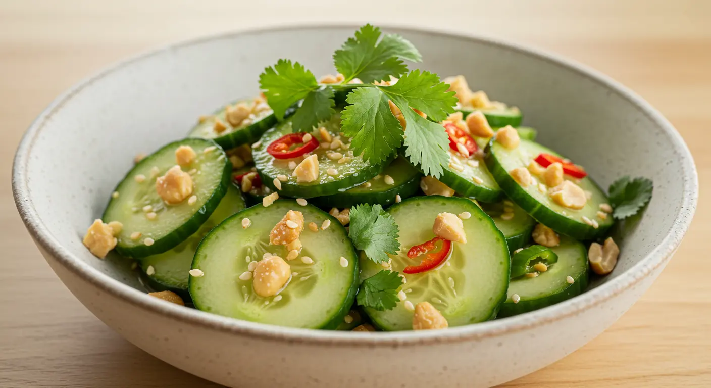 Thai cucumber salad in white bowl with fresh cilantro, crushed peanuts, sesame seeds and lime dressing, close-up food photography