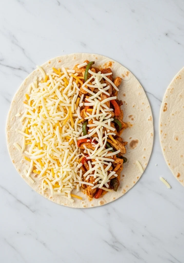 Flour tortilla with shredded cheese and chicken fajita mixture on half, showing quesadilla assembly process before folding