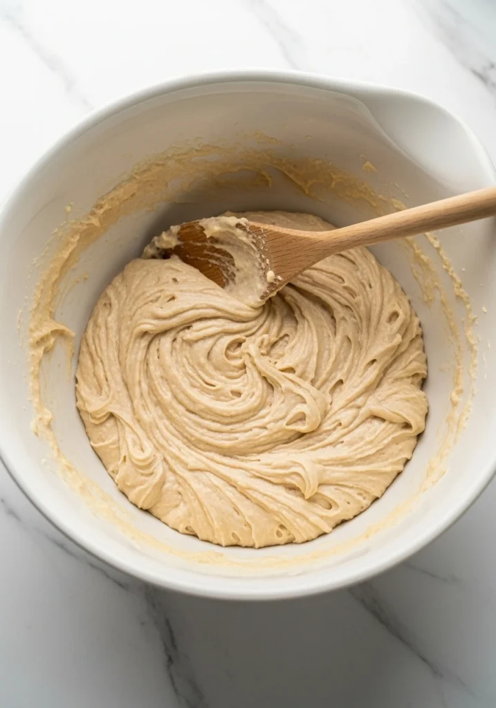 Thick gluten free waffle batter in white mixing bowl showing perfect slightly lumpy consistency with wooden spoon