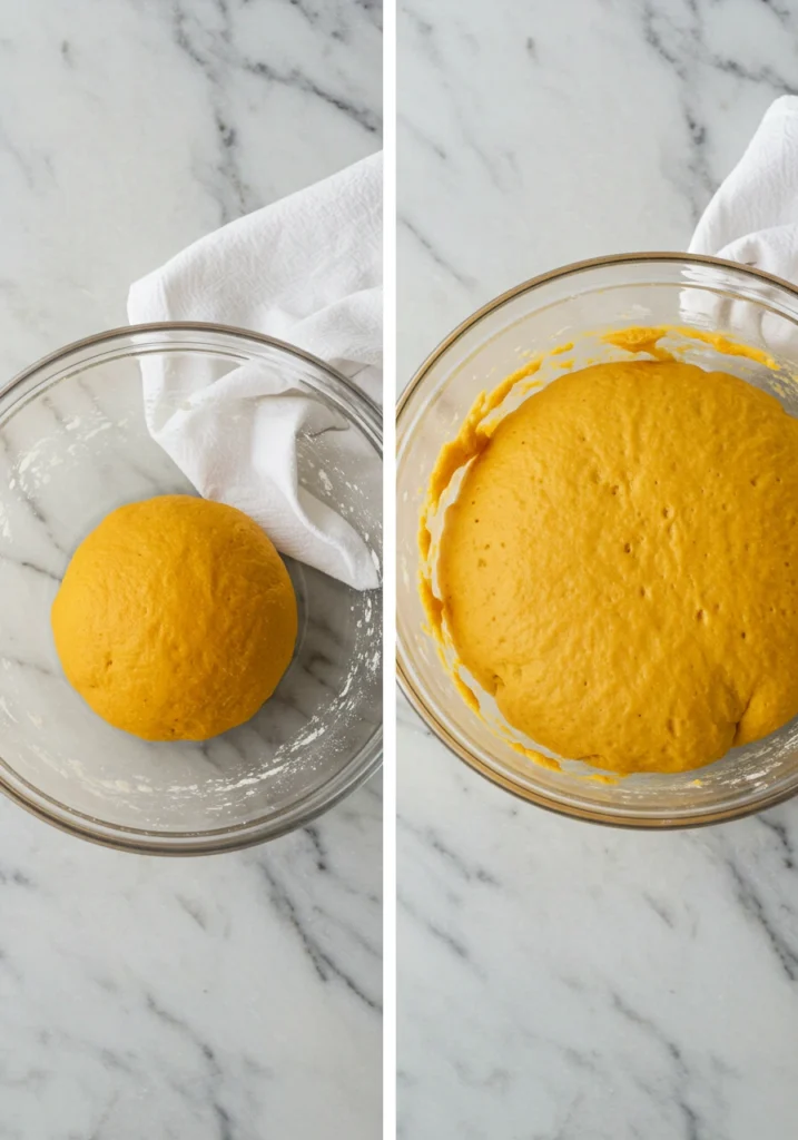 Pumpkin bagel dough before and after rising showing doubled size in glass bowl
