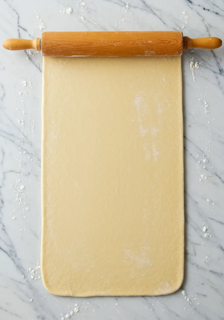 Rolling laminated gipfeli dough into rectangle for Swiss croissant shaping with wooden rolling pin on marble surface
