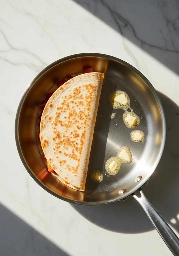 Chicken fajita quesadilla cooking in skillet showing golden-brown crispy first side with melted cheese at edges
