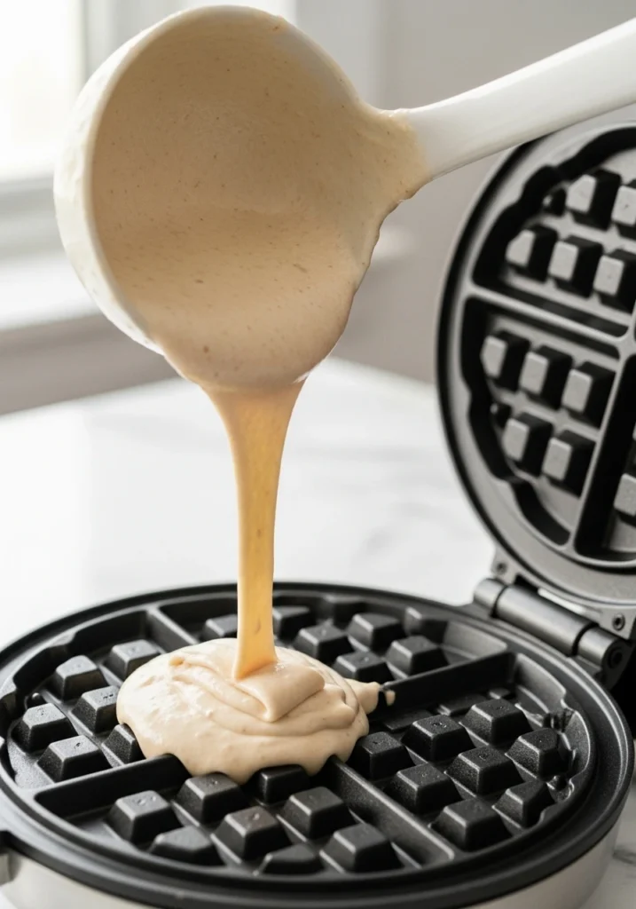Gluten free waffle batter being poured from ladle onto open Belgian waffle iron grid