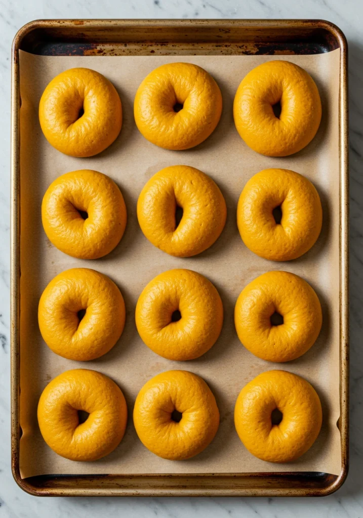 Eight shaped pumpkin bagel rings with holes arranged on parchment-lined baking sheet before boiling