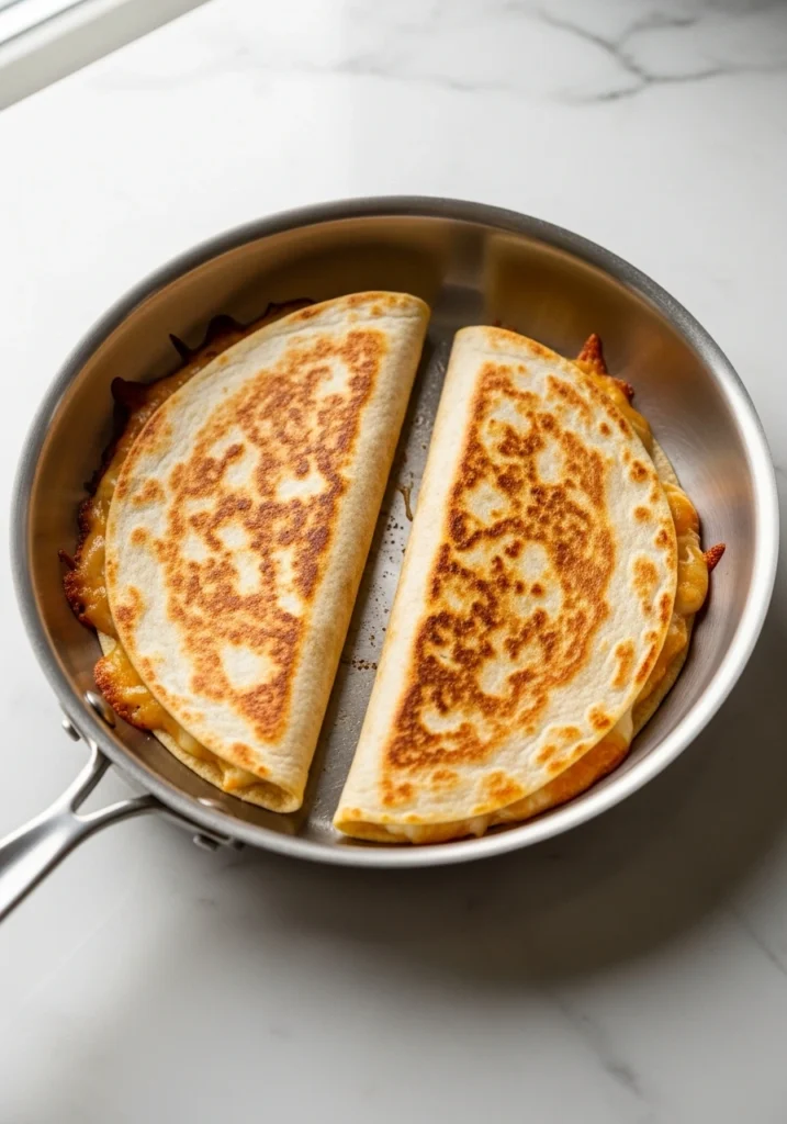 Perfectly cooked chicken fajita quesadilla in skillet with golden-brown crispy exterior and melted cheese oozing from edges