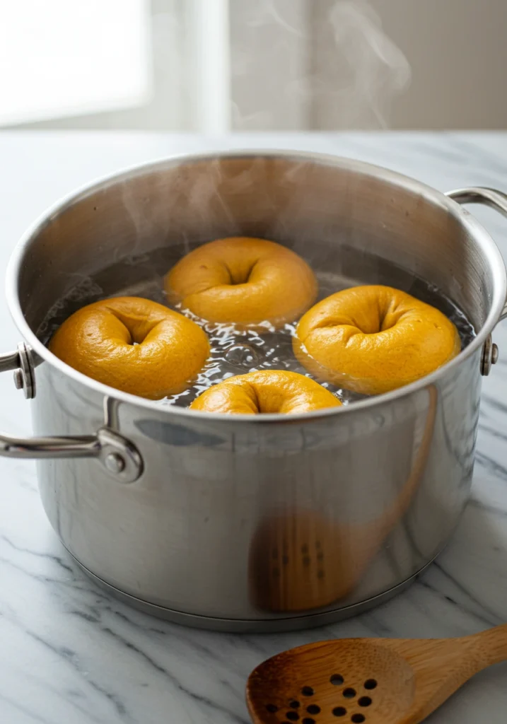 Pumpkin bagels boiling in pot of water with honey before baking
