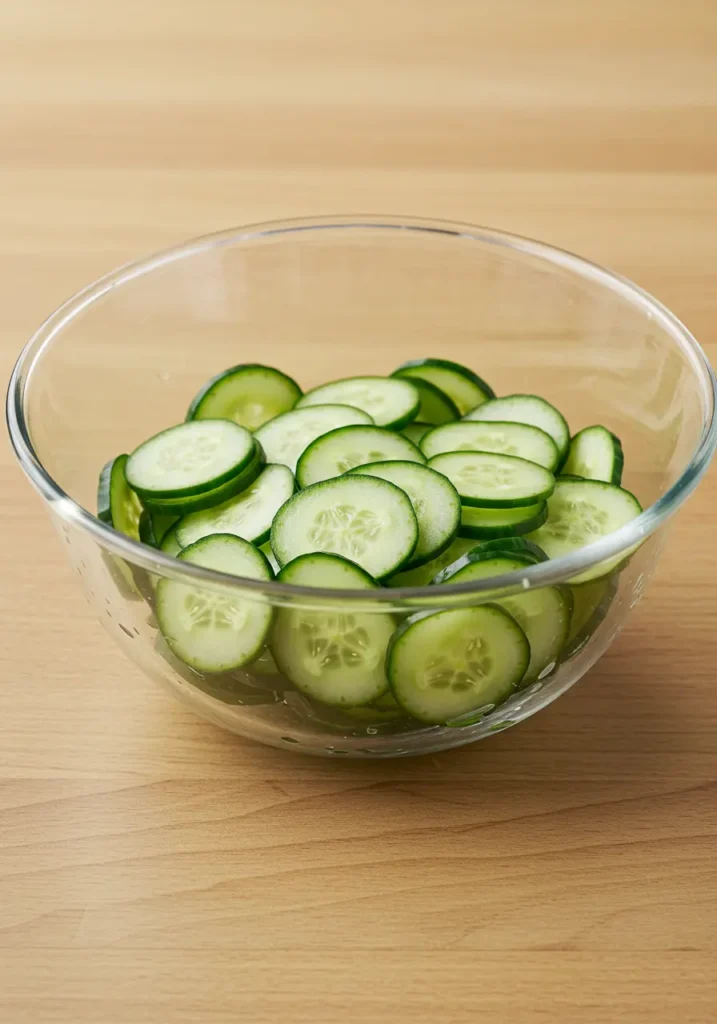 Thinly sliced cucumber rounds in glass mixing bowl for Thai cucumber salad recipe preparation