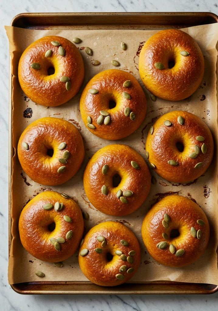Golden brown baked pumpkin bagels with pumpkin seeds fresh from oven on baking sheet