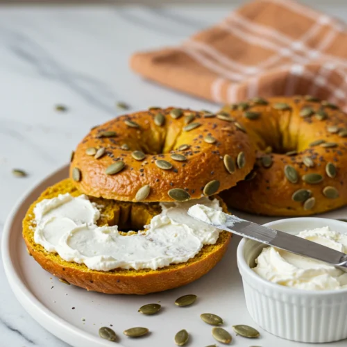 Global Recipes: Sliced pumpkin bagel with cream cheese spread on white plate fall breakfast