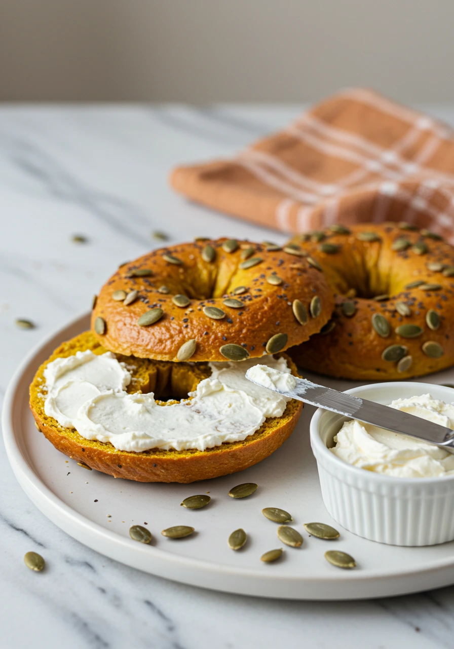 Global Recipes: Sliced pumpkin bagel with cream cheese spread on white plate fall breakfast