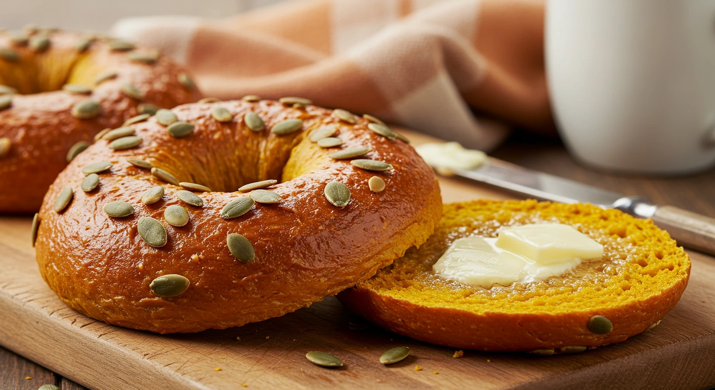 Freshly baked pumpkin bagels with golden brown crust and pumpkin seeds on wooden board with melted butter