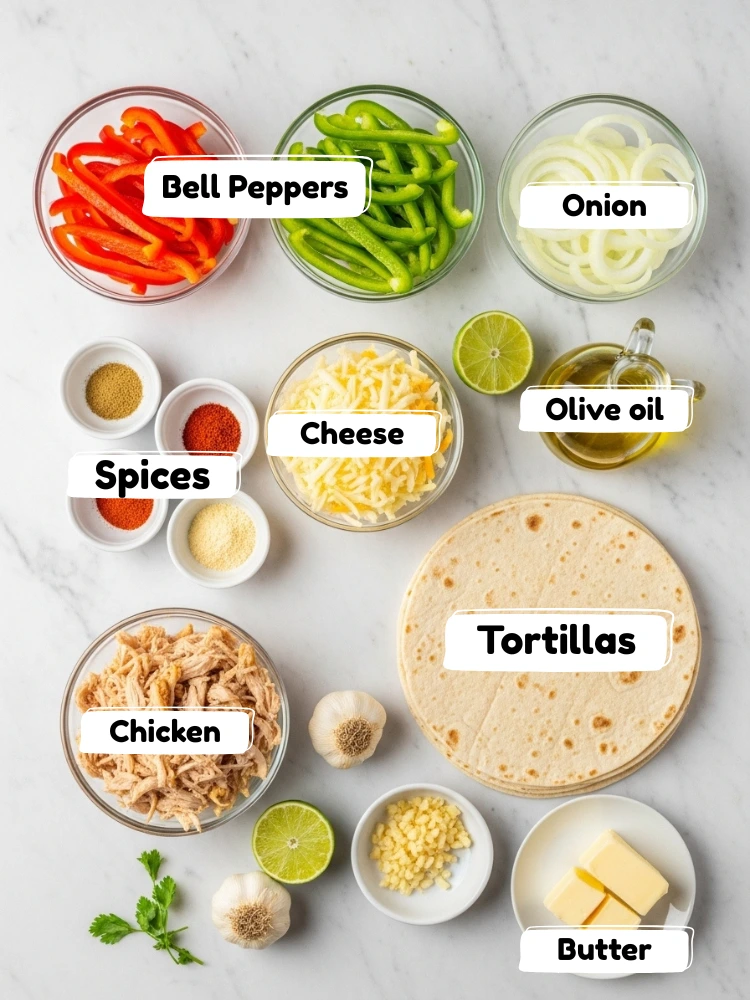 Chicken fajita quesadilla ingredients arranged on marble countertop including sliced chicken, bell peppers, onions, cheese, tortillas, and spices