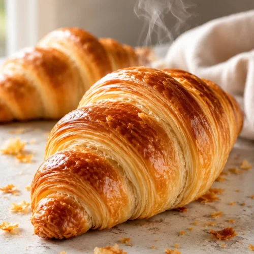 Freshly baked golden brown gipfeli on baking sheet showing flaky layers and perfect Swiss croissant color
