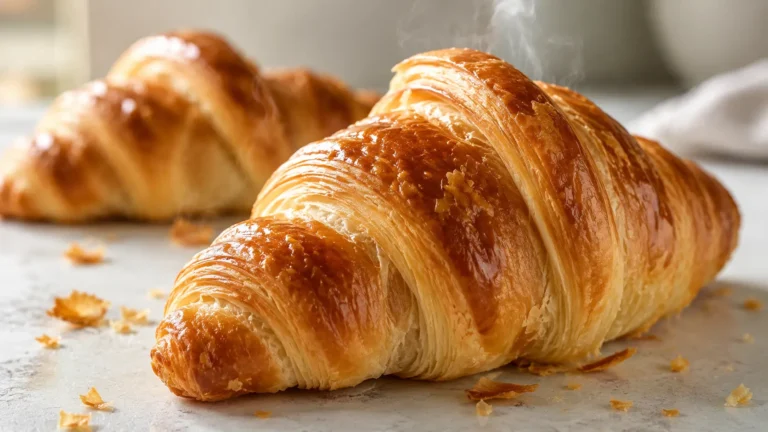 Golden flaky Swiss gipfeli croissants with visible buttery layers on white marble countertop showing authentic homemade pastry texture