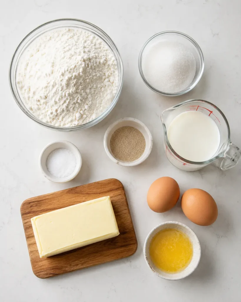 Gipfeli recipe ingredients including flour, butter, milk, yeast, eggs, and sugar arranged on white marble surface for Swiss croissant baking