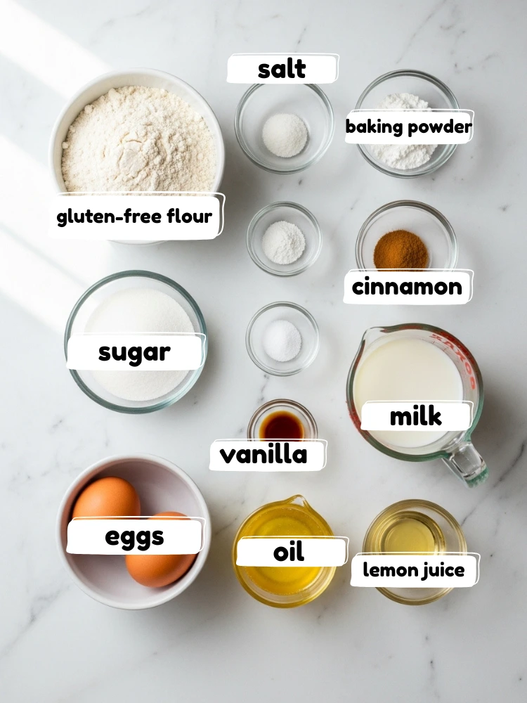 Gluten free waffle ingredients arranged on marble counter including flour, eggs, milk, baking powder, and coconut oil in glass bowls