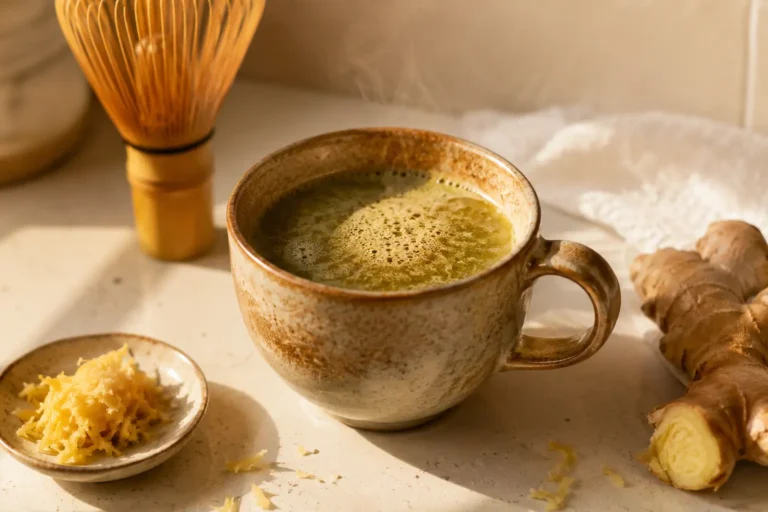 Japanese Mounjaro recipe in a ceramic mug on a wooden counter with honey and fresh ginger (mounjaro japones receta)