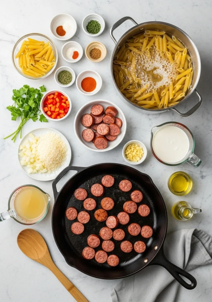 Cajun pasta ingredients including penne, andouille sausage, heavy cream, spices, and fresh vegetables on marble counter